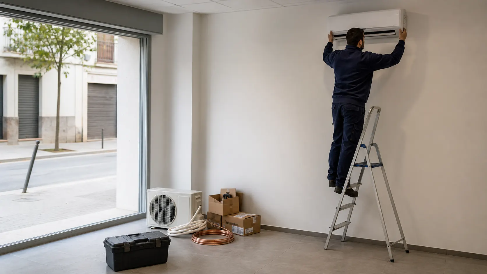Técnico realizando una instalación de climatización