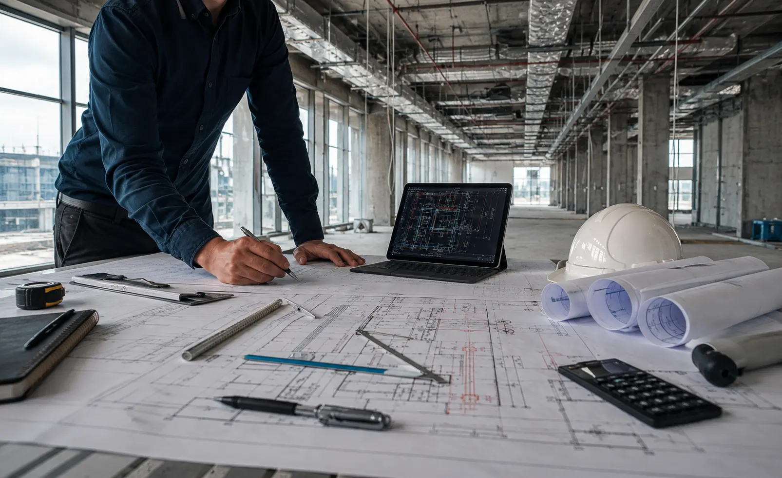 Técnico elaborando planos para una obra