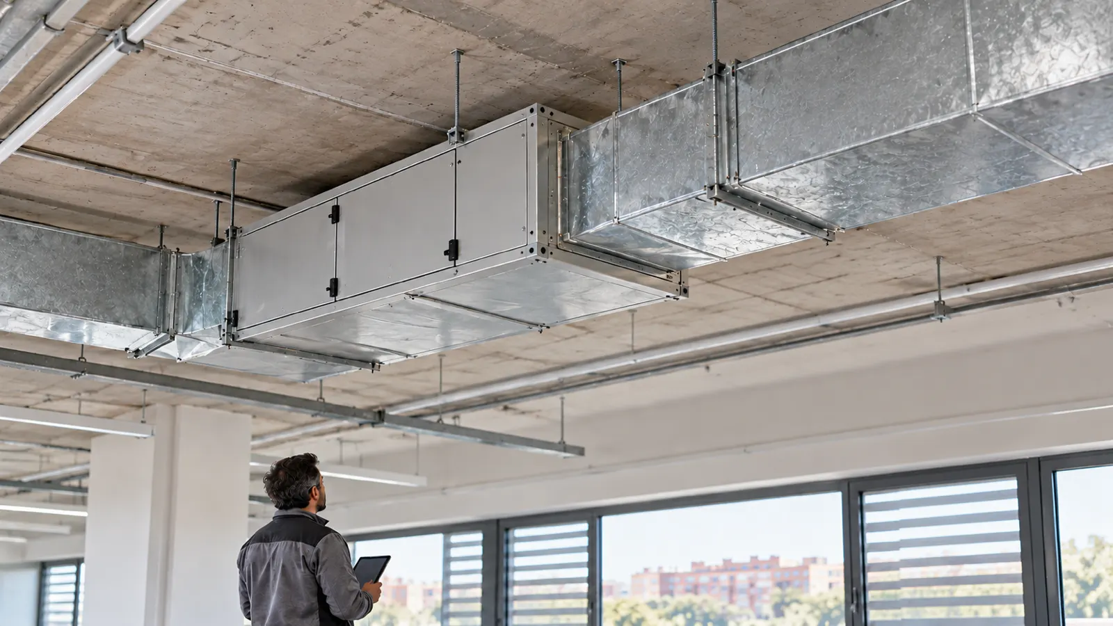 Técnico realizando una revisión de mantenimiento preventivo en una instalación de climatización