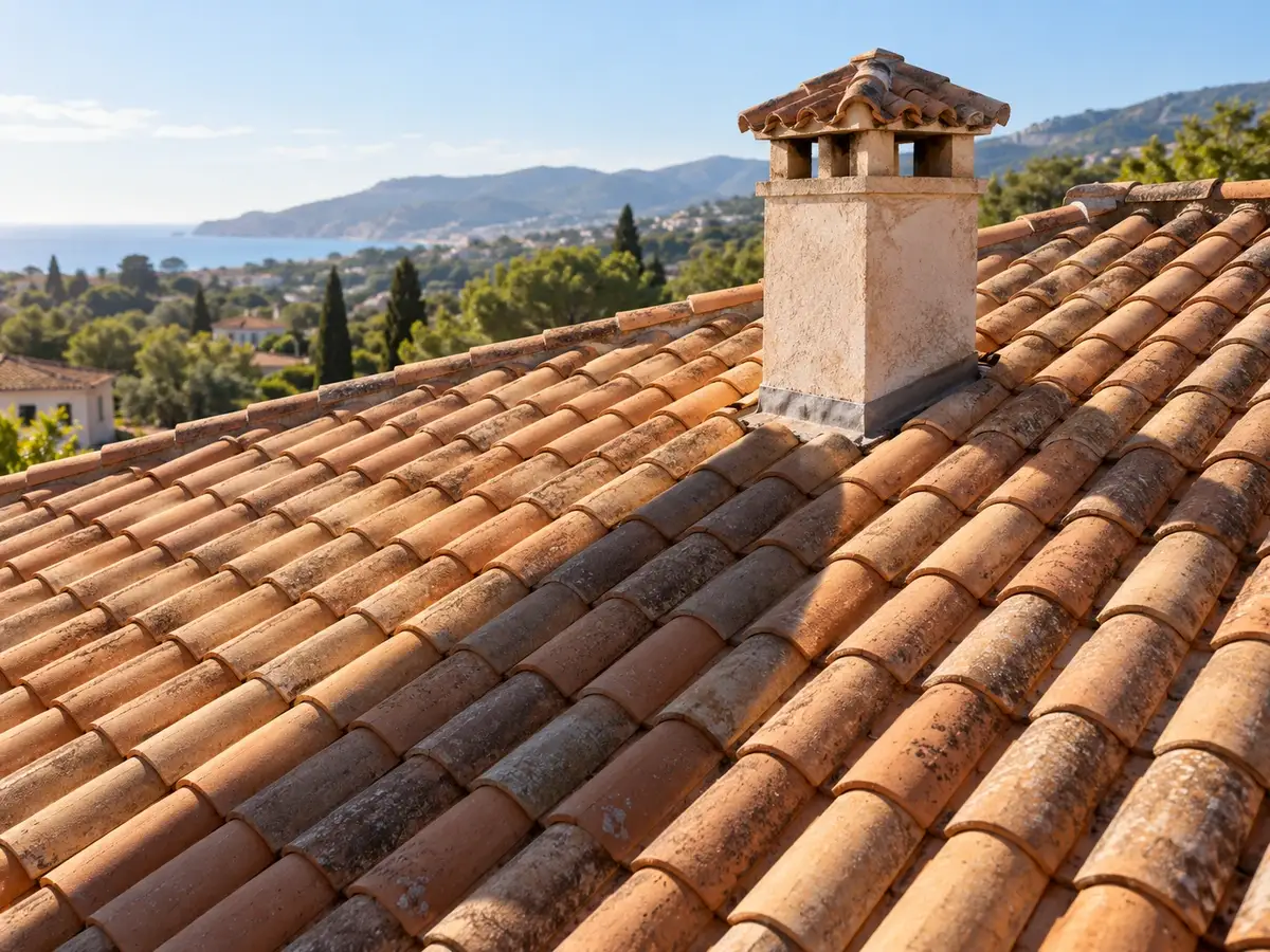 Sombra de una chimenea sobre un tejado donde se estudia instalar placas solares